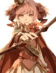  1girl alternate_costume belt bow bow_(weapon) cape crown kaname_madoka lemontea looking_at_viewer magical_girl mahou_shoujo_madoka_magica pink_eyes pink_hair red_cape ribbon short_hair short_twintails smile source_request twintails weapon 