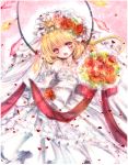  1girl blonde_hair bouquet bridal_gauntlets dress fang flandre_scarlet flower himemurasaki looking_at_viewer open_mouth petals red_eyes rose solo touhou wedding_dress wings 