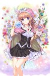  1girl ankoromochi atelier_(series) atelier_rorona atelier_totori bangle blush bracelet breasts brown_hair cape collarbone floral_background flower hat holding jewelry long_hair necklace petals rororina_fryxell round-bottom_flask shirt skirt smile solo staff star 