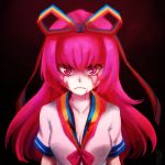  1girl blood blood_on_face breasts cleavage frown giffany gravity_falls hair_ribbon highres izzu-shi pink_eyes pink_hair ribbon ribbon_cable signature solo upper_body 