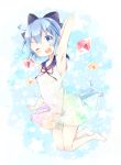  1girl aizaki_(aizkaizk) alternate_costume arm_up barefoot blue_background blue_eyes blue_hair blush bow cirno dress full_body hair_ornament hair_ribbon highres ice ice_wings jumping looking_at_viewer one_eye_closed open_mouth ribbon short_hair sleeveless smile solo star touhou wings 