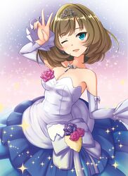  1girl bare_shoulders blue_eyes brown_hair dress idolmaster idolmaster_cinderella_girls kirimoti34 looking_at_viewer mole one_eye_closed short_hair smile solo takagaki_kaede 