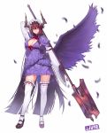  1girl artist_name breasts brown_hair cleavage dress full_body headdress holding_weapon horns jjune long_hair mary_janes original parted_lips purple_dress purple_wings shoes simple_background solo thigh-highs violet_eyes white_background white_legwear wings 