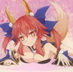  1girl animal_ears bare_shoulders blush bow breasts caster_(fate/extra) cleavage detached_sleeves fate/extra fate_(series) fox_ears fox_tail hair_bow hair_ribbon heart heart-shaped_pupils highres japanese_clothes large_breasts lying nail_polish on_stomach pink_hair ribbon solo symbol-shaped_pupils tail thigh-highs twintails yellow_eyes 