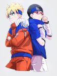  1boy 1girl arm_warmers back-to-back black_eyes black_hair blonde_hair blue_eyes cosplay crossed_arms forehead_protector glasses hand_on_own_chest naruto red-framed_glasses shigegigi short_hair smirk sweatdrop uchiha_sarada uchiha_sasuke uchiha_sasuke_(cosplay) uzumaki_boruto uzumaki_naruto uzumaki_naruto_(cosplay) 