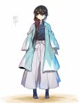  1boy alternate_hair_length alternate_hairstyle black_hair blue_eyes hair_ribbon haori horikawa_kunihiro japanese_clothes long_hair male_focus ot-nm ribbon sandals shinsengumi tabi touken_ranbu translation_request 