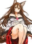  1girl animal_ears breasts brooch brown_hair closed_eyes dress imaizumi_kagerou jewelry large_breasts long_hair sachito simple_background solo tail touhou white_background wolf_ears wolf_tail 