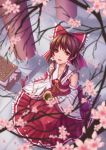  1girl ascot blurry brown_hair cherry_blossoms cup detached_sleeves hair_ornament hair_ribbon hair_tubes hakurei_reimu highres japanese_clothes long_skirt long_sleeves looking_at_viewer miko open_mouth petals red_eyes ribbon shirt short_hair skirt skirt_set smile solo teacup touhou wide_sleeves youxuemingdie 