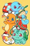  blue_eyes blush_stickers bulbasaur charmander fangs fire flower no_humans open_mouth poke_ball pokemon pokemon_(creature) red_eyes squirtle zrae 