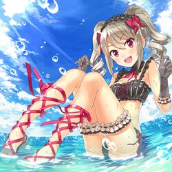  1girl bikini black_bikini black_gloves blush breasts buntan drill_hair frilled_bikini frills gloves hair_ribbon hairband highres idolmaster idolmaster_cinderella_girls kanzaki_ranko long_hair looking_at_viewer open_mouth red_eyes ribbon sandals silver_hair sitting smile solo swimsuit thigh_strap twin_drills twintails water wet 