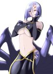  1girl arachne bare_shoulders breasts carapace claws cowboy_shot detached_sleeves extra_eyes hand_on_own_chest hand_on_own_face highres insect_girl koo_teitoku large_breasts lavender_hair monster_girl monster_musume_no_iru_nichijou multiple_legs navel pelvic_curtain rachnera_arachnera red_eyes simple_background solo spider_girl under_boob white_background 