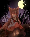 1girl animal_ears bamboo bamboo_forest barefoot brooch brown_hair collarbone dress forest full_moon glowing glowing_eyes imaizumi_kagerou jewelry long_hair long_sleeves looking_at_viewer moon nature night night_sky red_eyes sitting sitting_on_rock sky smile solo tail tongue touhou wolf_ears wolf_tail 