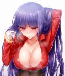  1girl adjusting_hair akira_(natsumemo) blush breasts cleavage gloves large_breasts long_hair natsume_(pokemon) pokemon pokemon_(game) purple_hair red_eyes simple_background solo sweat upper_body white_background 