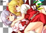  2girls ascot bat_wings blonde_hair blue_hair blush checkered checkered_background crystal flandre_scarlet hair_ornament hair_ribbon kneehighs looking_at_viewer multiple_girls no_hat pointy_ears puffy_sleeves red_eyes remilia_scarlet ribbon shirt short_hair short_sleeves siblings side_ponytail sisters skirt skirt_set slit_pupils smile tongue tongue_out touhou twitter_username vest white_legwear wings yua_(checkmate) 