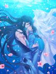  2boys black_hair closed_eyes flower hakama horikawa_kunihiro incipient_kiss izumi-no-kami_kanesada japanese_clothes male_focus multiple_boys ot-nm petals touken_ranbu underwater yaoi 