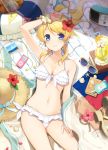  1girl 2015 6u_(eternal_land) arm_up ayase_eli bangs bare_arms beach_towel bikini blonde_hair blue_eyes blush book bookmark bottle breasts cherry cleavage cocktail digital_media_player doily drink drinking_glass drinking_straw earphones earphones earphones_removed flower food frilled_bikini frills front-tie_bikini front-tie_top fruit hair_flower hair_ornament hair_ribbon hand_on_head hand_on_own_thigh hat hat_flower hat_removed hat_ribbon headwear_removed hibiscus innertube ipod long_hair looking_at_viewer lotion_bottle love_live!_school_idol_project lying navel on_back orange orange_slice pennant petals photo_(object) ponytail radio ribbon russian_flag sandals_removed seashell shade shell side-tie_bikini smile solo starfish straw_hat string_of_flags sunglasses sunglasses_removed sunlight swept_bangs swimsuit white_bikini white_ribbon white_swimsuit wrist_cuffs 