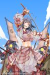  1girl 2015 :d antenna_hair armor blue breasts brown_eyes clouds highres holding holding_sword holding_weapon japanese_armor katana kusazuri large_breasts muneate navel official_art open_mouth outline purple_hair sengoku_yaraideka sheath short_hair smile sode solo_focus sword teeth weapon zutta 