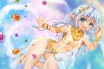  1girl bikini blue_eyes blue_hair blush bracelet dancer elf gem hair_ornament harem_outfit jewelry kojiro_d long_hair navel open_mouth original pointy_ears sandals see-through small_breasts smile solo sparkle standing_on_one_leg swimsuit throwing 