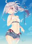  1girl ahoge artist_name asashimo_(kantai_collection) bikini blush covering covering_one_breast cowboy_shot denim denim_shorts furrowed_eyebrows hair_over_one_eye highres imu_sanjo kantai_collection long_hair navel open_fly ponytail short_shorts shorts signature silver_hair solo swimsuit translated unzipped wavy_mouth 