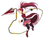 1girl bare_shoulders black_legwear boots bow chain detached_sleeves grin grinding_teeth hair_bow long_hair magical_girl mahou_shoujo_madoka_magica official_art polearm ponytail red_eyes redhead sakura_kyouko smile solo spear thigh-highs transparent_background weapon 