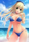  1girl atago_(kantai_collection) bikini blonde_hair green_eyes hat kantai_collection long_hair nino_nantoka_san standing swimsuit 