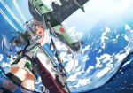  1girl ahoge akitsushima_(kantai_collection) armpits arms_up clouds from_below grey_eyes kantai_collection looking_at_viewer nishikitaitei-chan open_mouth silver_hair skirt sky solo thigh-highs tsuuhan twintails wet wet_clothes 