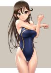  1girl blush breasts brown_eyes brown_hair competition_swimsuit katahira_masashi large_breasts long_hair looking_at_viewer one-piece_swimsuit original simple_background smile solo stretch swimsuit 