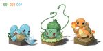  blue_eyes bulbasaur charmander ditb fangs fire flower grass looking_at_viewer no_humans number official_style open_mouth outstretched_arms pokemon pokemon_(creature) pokemon_(game) red_eyes seaweed shadow simple_background smile squirtle tail vines violet_eyes water white_background 
