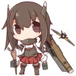  1girl airplane brown_eyes brown_hair chibi headband highres kantai_collection looking_at_viewer machinery nuu_(nu-nyu) short_hair simple_background smile solo taihou_(kantai_collection) white_background 