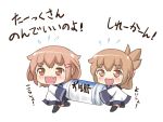  2girls :d black_legwear brown_eyes brown_hair commentary_request fang flying_sweatdrops folded_ponytail hair_ornament hairclip ikazuchi_(kantai_collection) inazuma_(kantai_collection) kantai_collection kotanuki_329 long_hair multiple_girls open_mouth ponytail sailor_collar sailor_dress short_hair simple_background sleeves_past_wrists smile translation_request white_background younger 