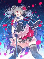  &gt;:d 1girl :d bare_shoulders black_legwear blush character_name copyright_name dress drill_hair flower frills gothic_lolita hair_flower hair_ornament hair_ribbon idol idolmaster idolmaster_cinderella_girls kanzaki_ranko lolita_fashion long_hair microphone open_mouth red_eyes redrop ribbon silver_hair smile solo thigh-highs twin_drills twintails 