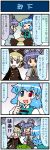  4girls 4koma animal_ears artist_self-insert blonde_hair bow brown_eyes closed_eyes comic commentary dress gradient gradient_background green_hair grey_hair hair_bow hair_ornament highres juliet_sleeves kochiya_sanae kurodani_yamame long_hair long_sleeves mizuki_hitoshi mouse_ears multiple_girls nazrin puffy_sleeves snake_hair_ornament tatara_kogasa touhou translated 