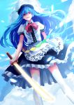  1girl blue_hair blue_sky bow clouds dress dutch_angle frills hat hinanawi_tenshi layered_dress ling_(vivianling) long_hair open_mouth puffy_sleeves red_eyes short_sleeves sky smile solo sword_of_hisou thigh-highs touhou white_legwear zettai_ryouiki 