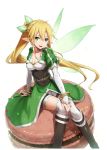  1girl blonde_hair boots bracelet dress food gabiran green_eyes in_food jewelry knee_boots leafa long_hair looking_at_viewer macaron minigirl open_mouth pointy_ears ponytail sitting solo sword_art_online thigh-highs very_long_hair white_background wings 