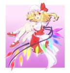  1girl absurdres blonde_hair bloomers crystal flandre_scarlet full_body gradient gradient_background hat hat_ribbon highres mary_janes mob_cap open_mouth puffy_sleeves red_eyes ribbon sash shiori_(aid19815) shirt shoes short_hair short_sleeves side_ponytail skirt skirt_set smile socks solo touhou underwear vest white_legwear wings 