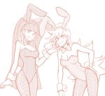  2girls ahegao animal_ears bare_shoulders blush bowtie breasts bunny_tail bunnysuit cleavage fishnet_pantyhose fishnets hand_on_hip long_hair monochrome multiple_girls panty_&amp;_stocking_with_garterbelt panty_(psg) pantyhose rabbit_ears sally_(luna-arts) stocking_(psg) tail tray twintails wrist_cuffs 