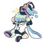  &gt;_&lt; 1girl bike_shorts blue_hair bucket closed_eyes covering covering_head domino_mask fang hands_on_own_head inkling long_hair masa0003 mask paint shirt shoes simple_background sitting sneakers solo splatoon t-shirt tears tentacle_hair white_background white_shirt 
