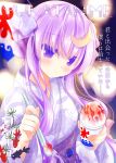  1girl absurdres alternate_costume alternate_hairstyle blush bow crescent_hair_ornament floral_print food hair_bow hair_ornament highres ice_cream japanese_clothes kimono long_hair long_sleeves looking_at_viewer obi patchouli_knowledge purple_hair ribbon sash shaved_ice shiromomo solo spoon text touhou translation_request upper_body violet_eyes wide_sleeves yukata 