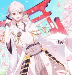  1boy :d gloves hood japanese_clothes kurara_(skra1015) male_focus open_mouth partly_fingerless_gloves petals pom_pom_(clothes) rope shide shimenawa smile torii touken_ranbu tsurumaru_kuninaga white_hair yellow_eyes 