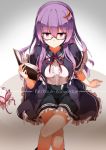  1girl alternate_costume bespectacled black-framed_glasses book character_name crescent crescent_hair_ornament crossed_legs expressionless flat_gaze glasses hair_ornament hat hide448 highres long_hair patchouli_knowledge purple_hair semi-rimless_glasses sitting solo touhou under-rim_glasses violet_eyes 
