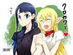  2girls 375tak :d arm_hug blonde_hair blue_eyes blue_hair closed_eyes elf flying_sweatdrops gate_-_jieitai_ka_no_chi_nite_kaku_tatakaeri kurokawa_mari long_hair low-tied_long_hair multiple_girls open_mouth pointy_ears scarf signature smile translation_request tuka_luna_marceau upper_body 