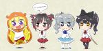  4girls animal_costume black_eyes black_hair blake_belladonna blonde_hair blue_eyes bow chibi crossover english hair_bow helpyourselfish himouto!_umaru-chan hood long_hair multiple_girls ponytail redhead ruby_rose rwby school_uniform side_ponytail skirt thought_bubble twintails violet_eyes weiss_schnee white_hair yang_xiao_long yellow_eyes 