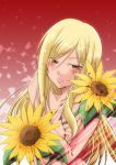  1girl blonde_hair blood blood_on_breasts blood_on_face blush brown_eyes flower higurashi_no_naku_koro_ni holding holding_flower kazahana_chiruwo light_smile long_hair nude simple_background solo sunflower takano_miyo 