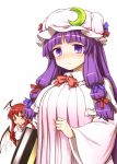  2girls bat_wings blush blush_stickers book crescent hat head_wings highres itou_yuuji koakuma long_hair looking_at_viewer multiple_girls patchouli_knowledge purple_hair red_eyes redhead simple_background smile touhou violet_eyes white_background wings 