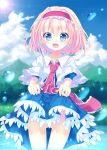  1girl alice_margatroid blonde_hair blue_dress blue_eyes blue_sky blush bubble capelet clouds dress dress_lift hairband necktie no_panties open_mouth partially_submerged puffy_sleeves ribbon sash short_hair short_sleeves sky smile solo sunlight touhou water yaki_mayu 