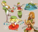  2girls ascot back blonde_hair blue_eyes closed_eyes crescent_moon crystal flandre_scarlet hat heart hong_meiling long_hair moon multiple_girls multiple_persona musical_note on_bed open_mouth orange_hair pants piggyback puffy_sleeves shirt short_hair short_sleeves side_ponytail simple_background skirt skirt_set sleeping speech_bubble star terumokojastisu touhou vest wings yawning 