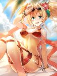  1girl arm_support bikini blonde_hair blue_eyes bracelet braid clouds earrings edobox flower granblue_fantasy hair_flower hair_intakes hair_ornament jewelry long_hair looking_at_viewer palm_tree red_bikini side-tie_bikini sitting solo sun sweat swimsuit thigh_strap tree twintails zeta_(granblue_fantasy) 