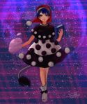  1girl blob blue_eyes blue_hair book boots capelet dated doremy_sweet dress full_body full_moon grin hat highres itirirenn looking_at_viewer moon nightcap short_hair signature smile solo tail touhou 