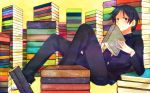  1boy black_eyes black_hair book gakuran kudou_jun open_book sayonara_zetsubou_sensei school_uniform short_hair sitting smile solo too_many_books 