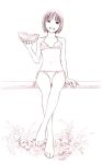  1girl barefoot bikini food fruit monochrome original short_hair sketch solo swimsuit traditional_media watermelon yoshitomi_akihito 